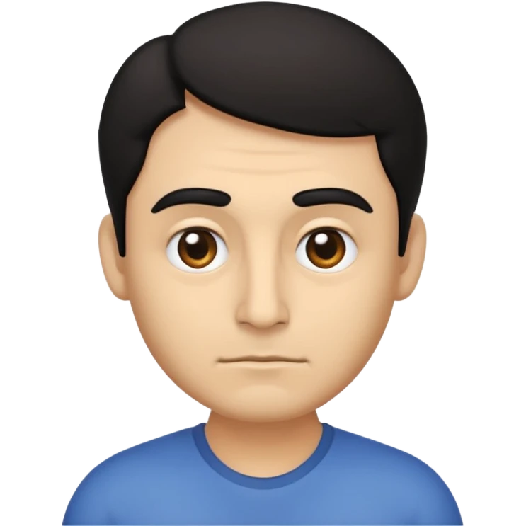 emoji a medio cuerpo hasta la cintura, hombros anchos, de un hombre, con cejas gruesas inclinadas hacia abajo, nariz medio grande, hombros anchos, sin sonrisa, hombros anchos, cabello medio ondulado con un corte juvenil, cabello negro. ojos negros. emoji