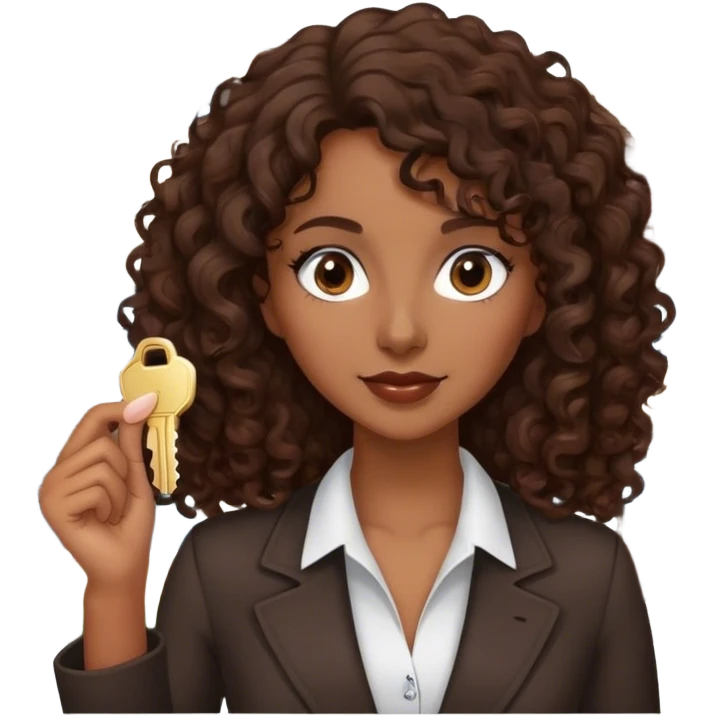 Dark brown lady with medium brown mid length curly hair in real estate job with house and keys emoji
