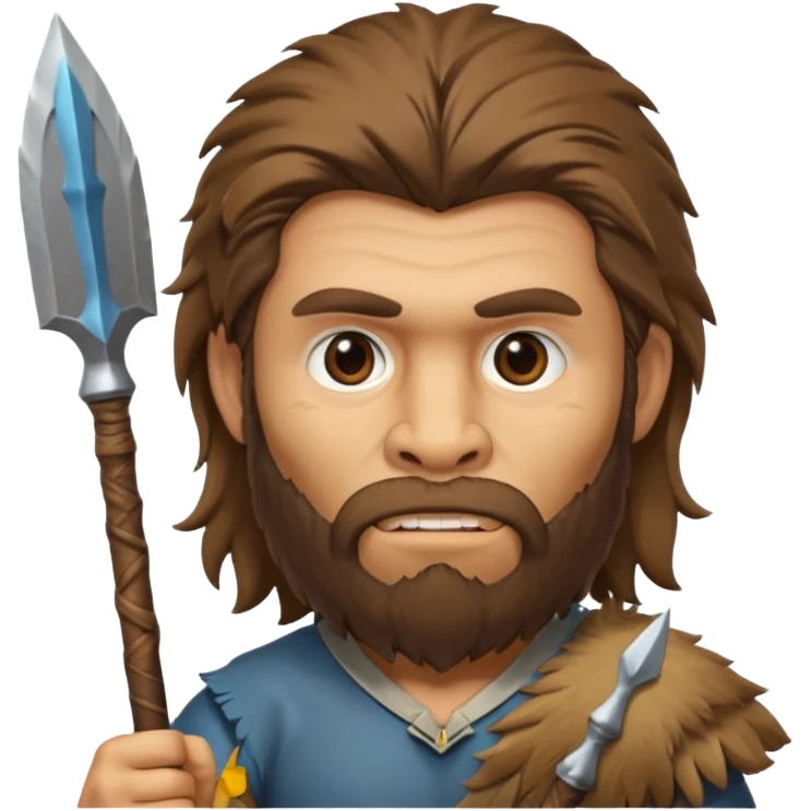 monkey-like Neanderthal, human face, long hair and beard, fullbody, holding a spear emoji