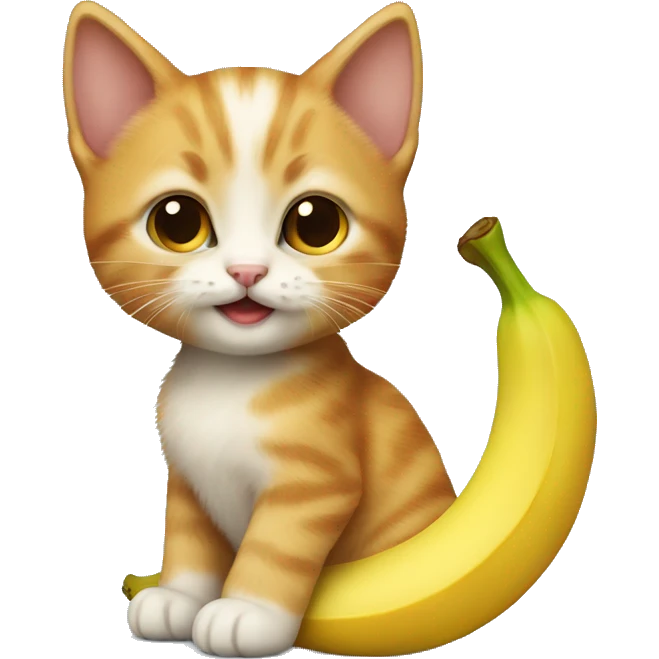 A small very cute kitten with ginger fur holding a huge banana. emoji