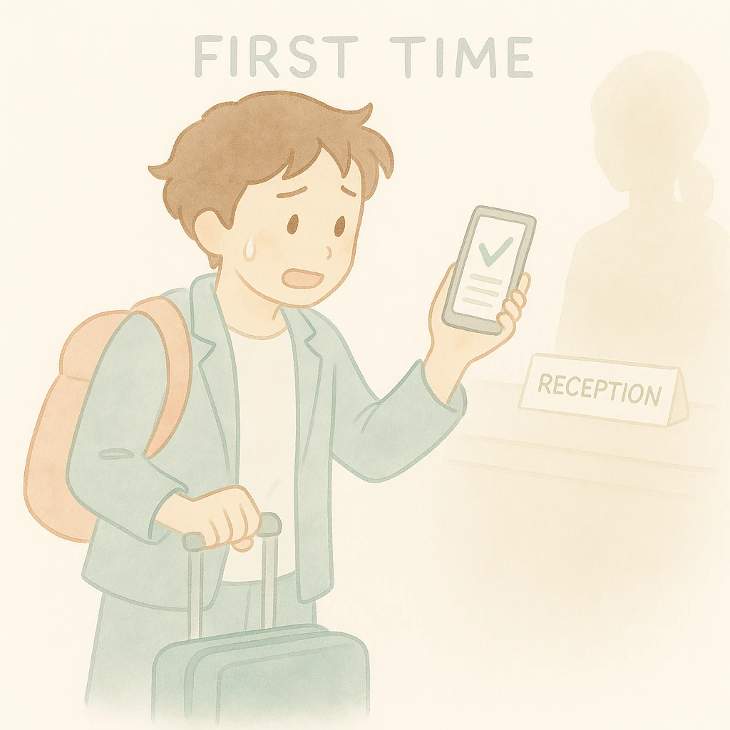 Add the words 'first time' positioned on top of the phone. Maintain the soft watercolor illustration style with pastel colors, delicate linework, a gentle, whimsical mood, anime-inspired features, and minimal, soft shading. emoji