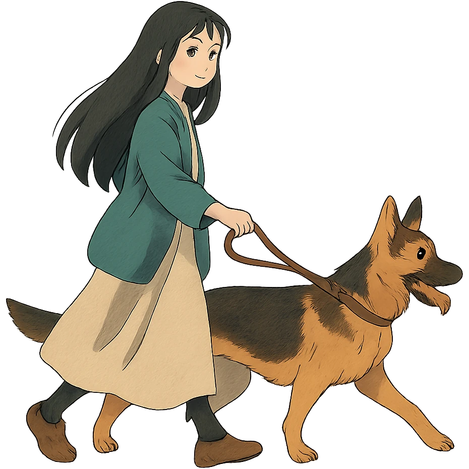 ghibli style girl with long black hair walking a German Shepherd emoji