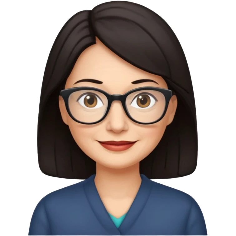 50 y.o. woman dark hair, subtle smile, glasses emoji