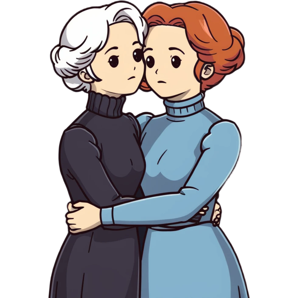 Two Victorian women with grey eyes in a sad, intimate hug. One has bright white coiffed hair, one has dark copper coiffed hair. Both wearing Victorian turtleneck dresses with arms tightly around each other. emoji