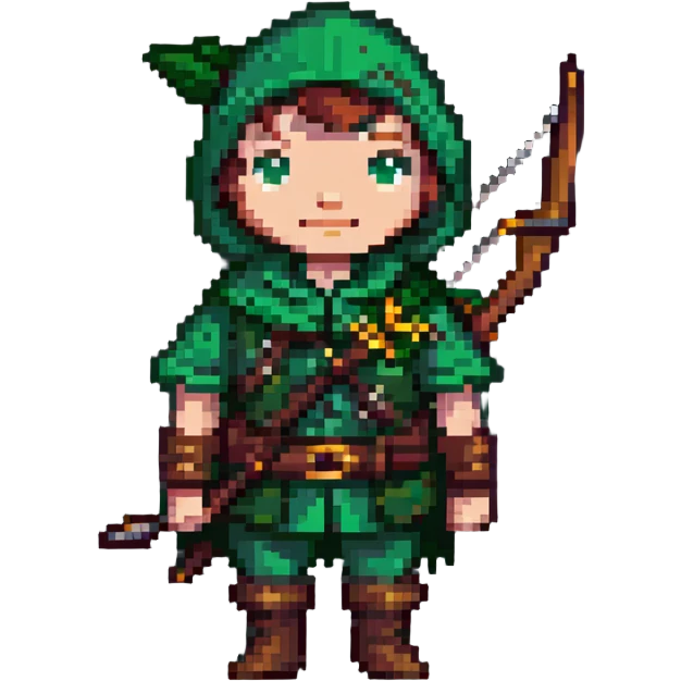 pixel art of Robin Hood with green outfit and bow emoji