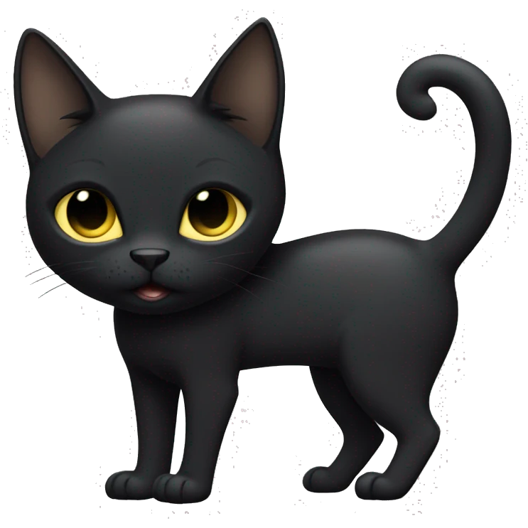 Petite, solid black cat with sleek short fur, light yellow eyes, and small black tufts of long at the very tips of her ears, blending in with her black fur. Full body, no white markings emoji