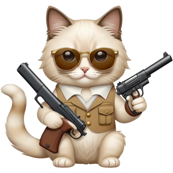 One ragdoll cat with sunglasses holding a small gun emoji