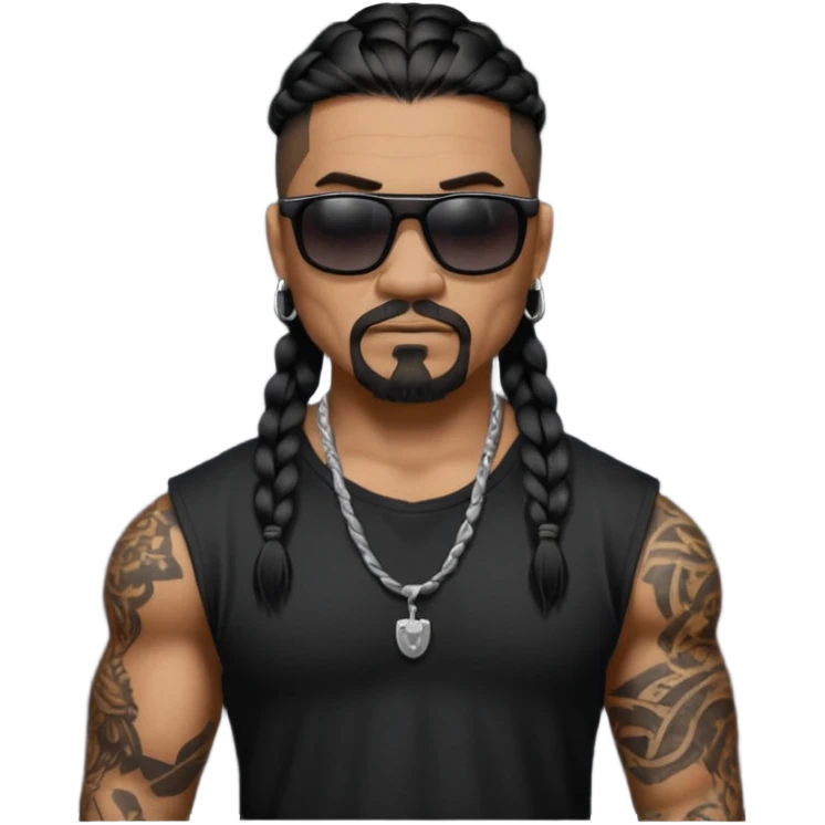 Samoan male. Classic goatee.
Untucked loose fitting black t-shirt. 
long black braided hair.
very muscular.
Even More tattoos. 
Tough and menacing.
Dark black square sunglasses. emoji