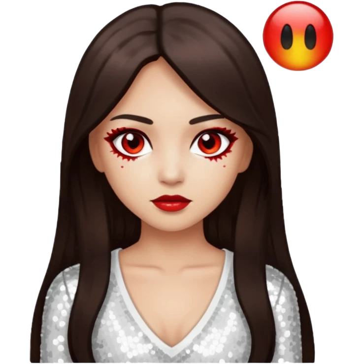 Bloody Mary with light skin, long dark brown hair, red eye, white sequin outfit emoji