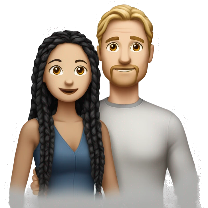 Woman and man couple, in their 40's, woman is 40 years old medium white complexion, her hair is long black twisted braids, man is white skinned white male with reddish hair that's medium length emoji
