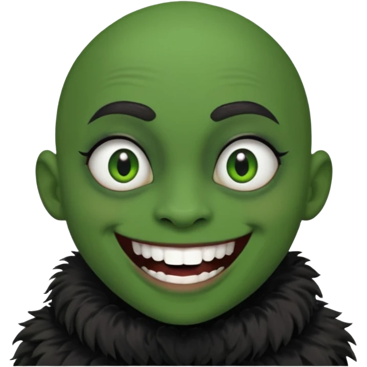 A bald person with green sclera and green teeth, grinning widely. Has fluffy black neck fur, with a fluffy black body emoji