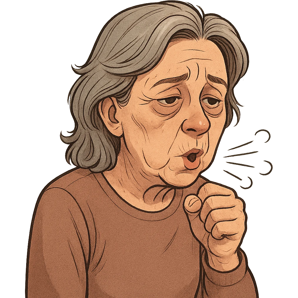 60 year old woman with bags under her eyes, coughing, realistic cartoon style emoji