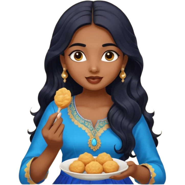 a pretty indian bratz girl with wavy long black hair. eyeliner on, wearing a blue kurti, eating golgappa (without spoon) emoji