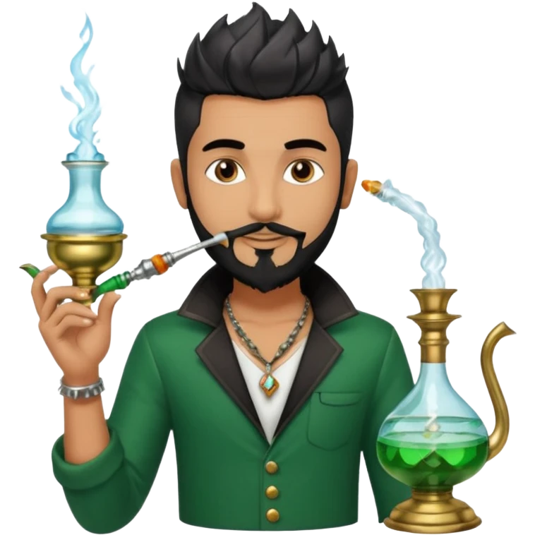 Brass hookah with green design on a glass water base on the top; with two smoke pipes where people are holding them and smoking - one white guy with spikes (silver and black hair) and another Tamil handsome with little beard Indian guy emoji