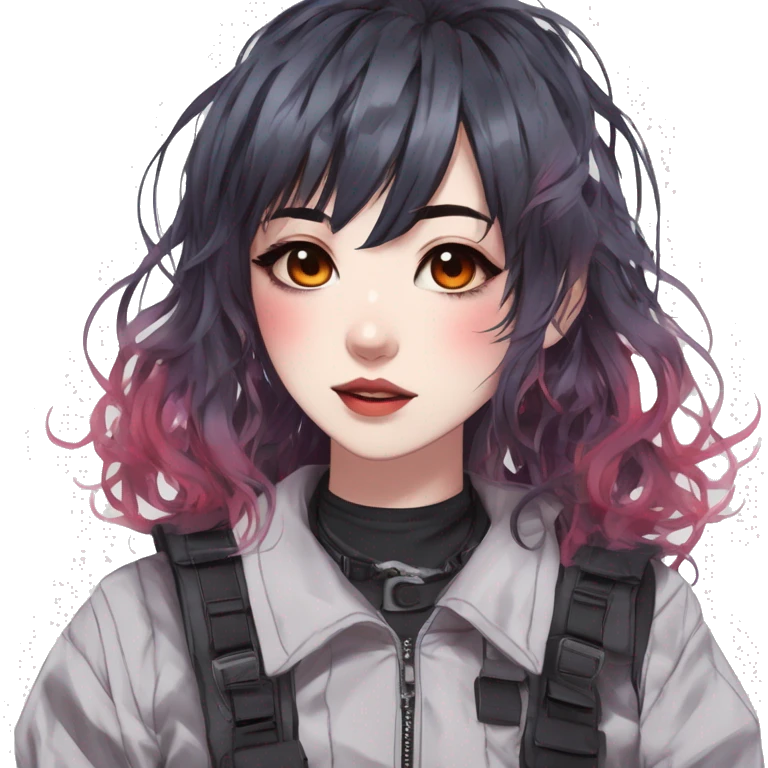 Gorgeous pastel bright iridescent techwear anime style lady with blushing face aesthetic and pretty edgy black red white punk messy hair with collar and harness trending style emoji
