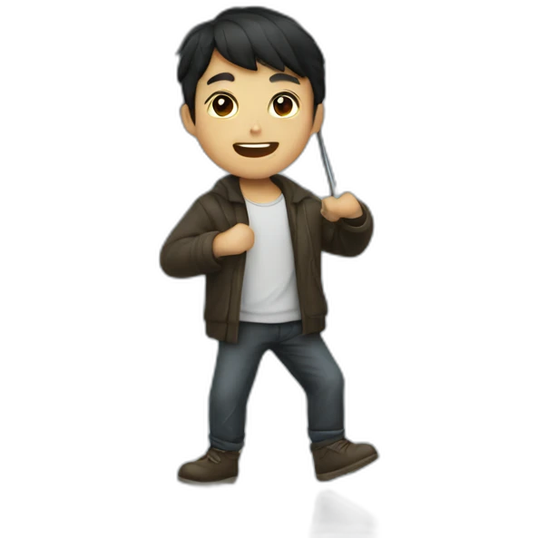 A dark-haired boy with a white beard dancing with an umbrella in the rain emoji