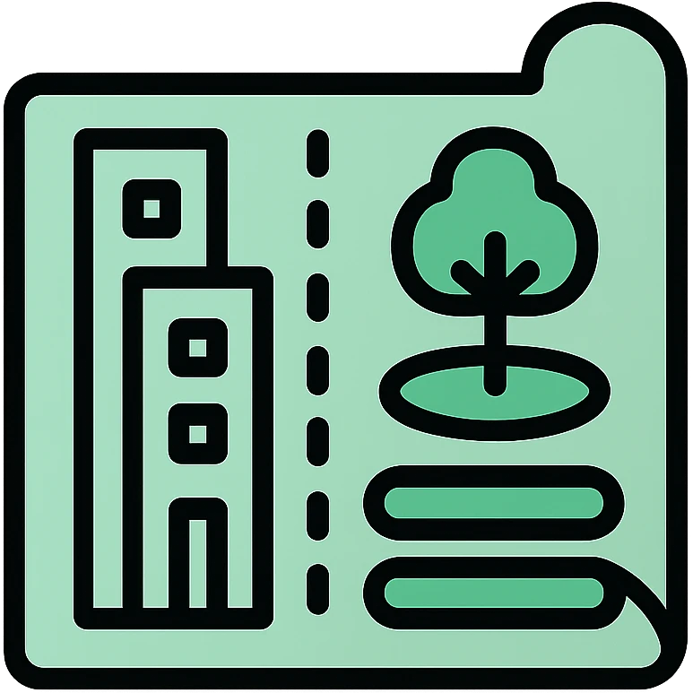 Skeuomorphic sustainable city planning icon with mint green #B5F4D3 and black #111111 color scheme, showing an architectural blueprint with buildings and green spaces, clean symmetric design with subtle depth and soft light emoji