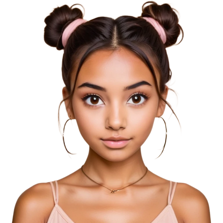 "A young woman with a confident and friendly expression, standing against a warm beige background. She has dark brown hair styled in two messy buns, with a few loose strands framing her face. Her eyebrows are well-defined, and she has deep brown eyes with a slight sparkle. She wears a soft pinkish-nude lipstick and has a small nose ring on her left nostril. Her complexion is smooth, with a natural glow. She is dressed in a high-neck, sheer beige top that subtly reveals her skin tone underneath. She also wears a pair of minimalist, gold-toned suspenders that complement her neutral aesthetic. The overall look conveys modern elegance and a casual yet stylish vibe." emoji