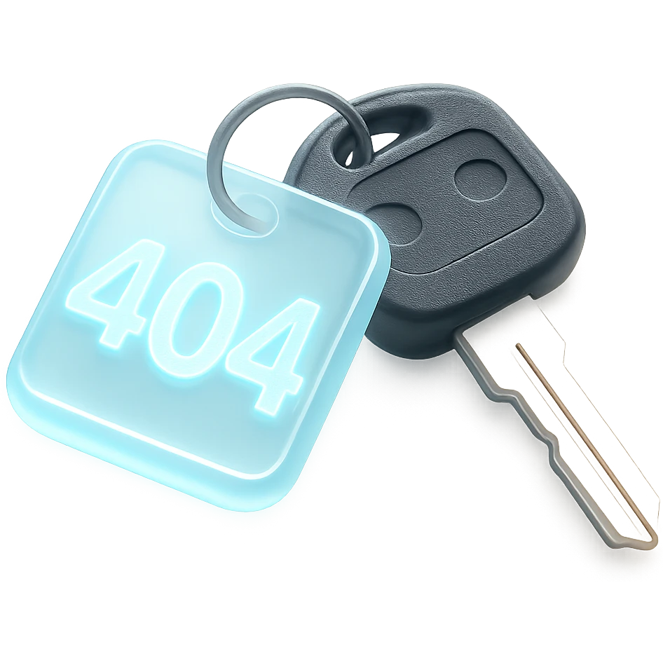 A set of 3D rendered car keys with a distinctive key fob displaying "404" in a light sky blue #ace8de emoji