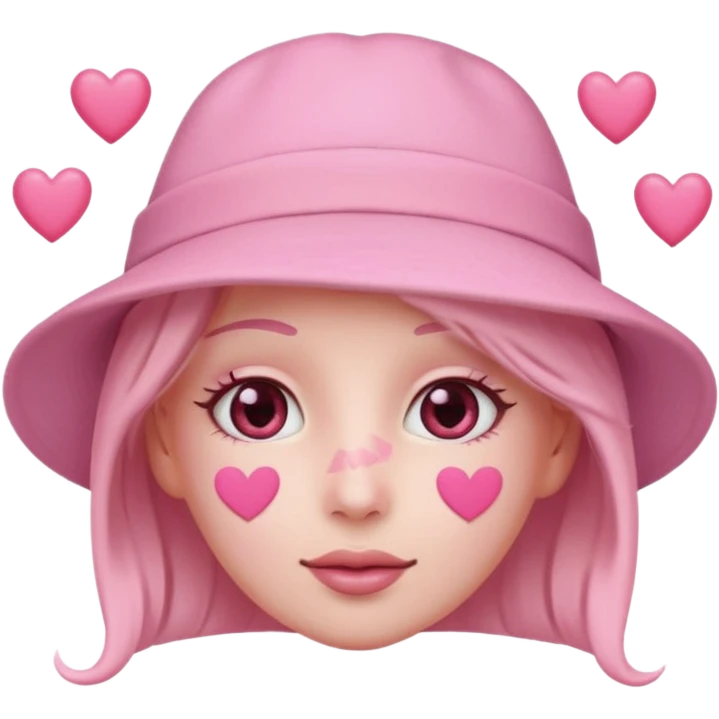 a pastel pink skin love face emoji with pink hearts in the eyes, pink simple hat on emoji