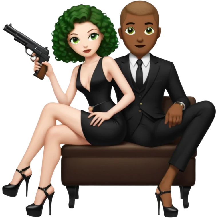 Sensual woman green eyes woman only brown long curly hair evil,with 7 inch platform stripper high heels long low cut black dress,and a gun, she is sitting on a buzz cut hair brown man's pimp lap, holdingwomans butt man is wearing a black suit emoji