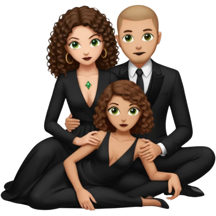 Sensual woman green eyes brown long curly hair evil occult,with 7 inch platform stripper high heels long low cut black dress, holding a tan man, sitting on a buzz cut hair brownman’s pimp lap, holdingwomans butt man is wearing a black suit emoji