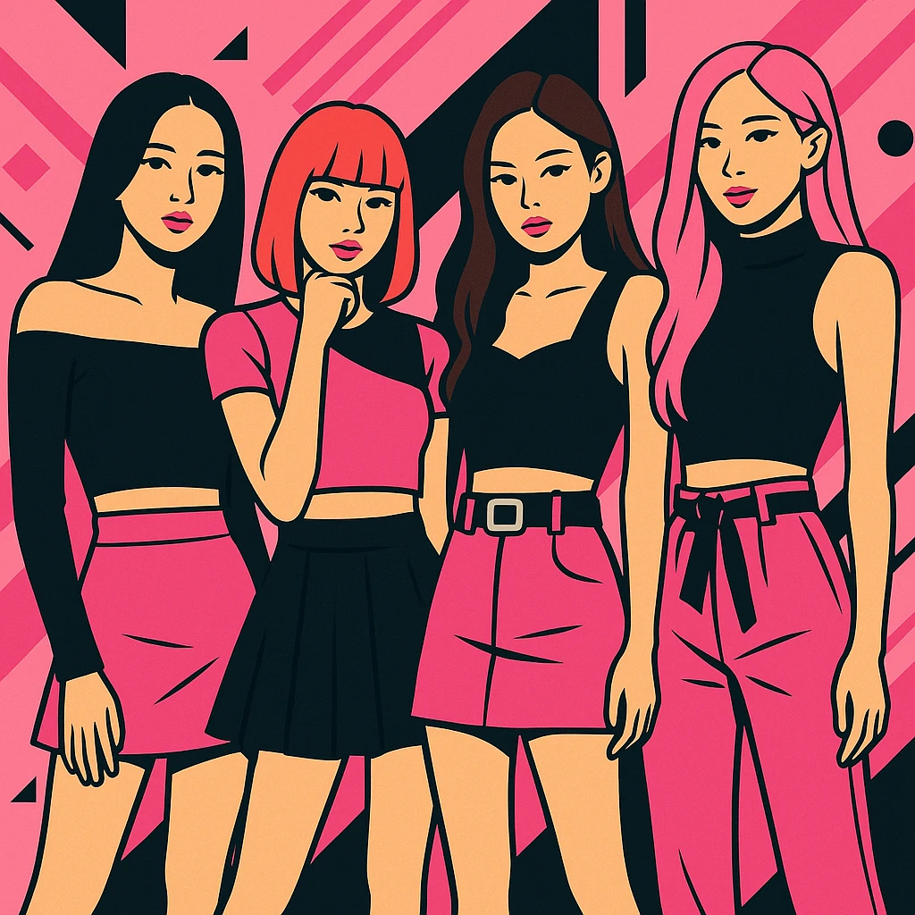 Blackpink K-pop group, trendy fashion, pink and black accents, group pose, modern pop style emoji