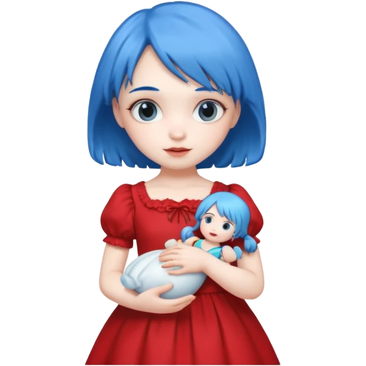 blue haired red wearing girl with small toy emoji