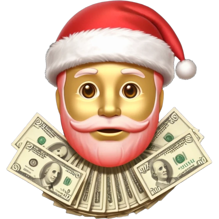 A confident rich emoji face wearing a Santa hat, money stacks, casino vibe, New Year theme, premium 3D emoji style, sharp details, no text, isolated on transparent background emoji