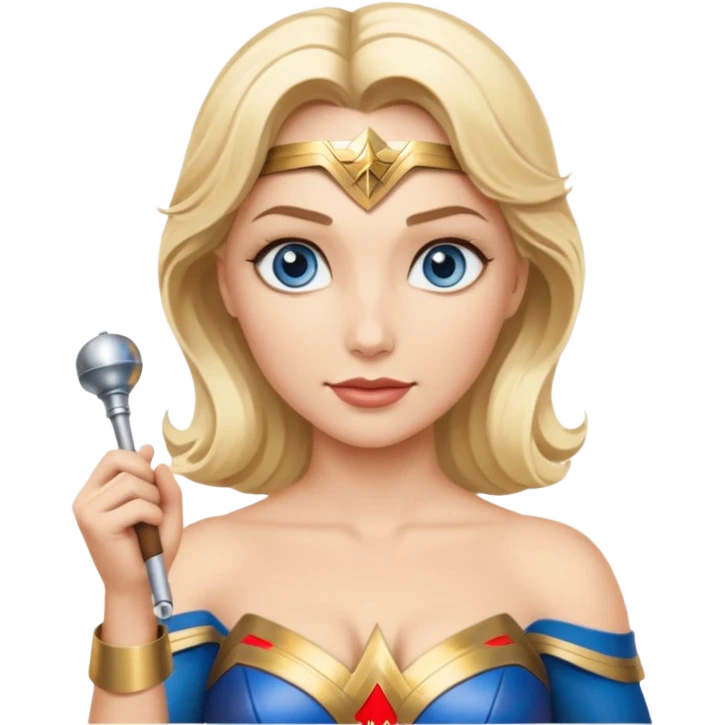 Blonde blue eyed Wonder Woman holding white orchestra conductor’s baton and bell emoji