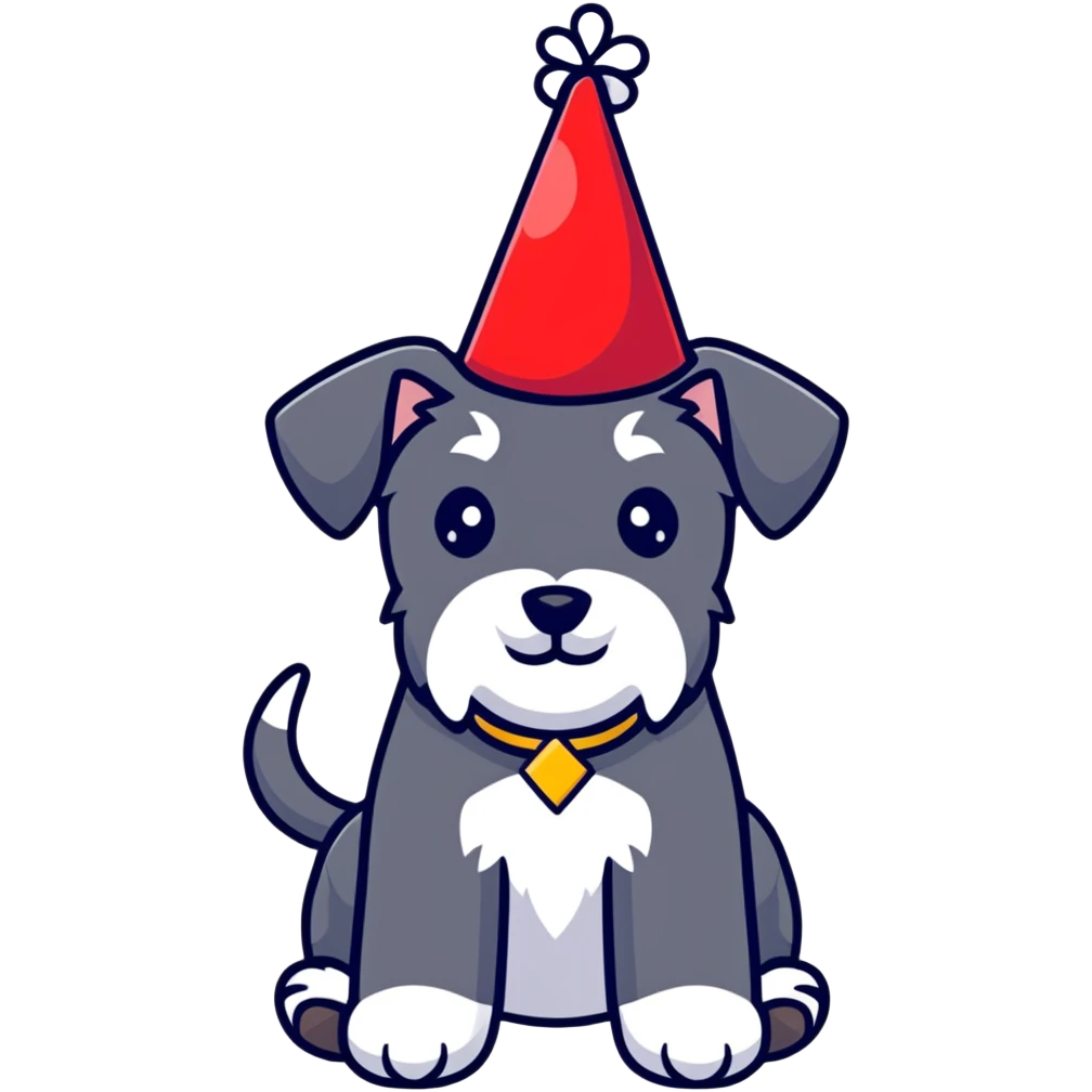 A schnauzer dog wearing a colorful birthday hat emoji