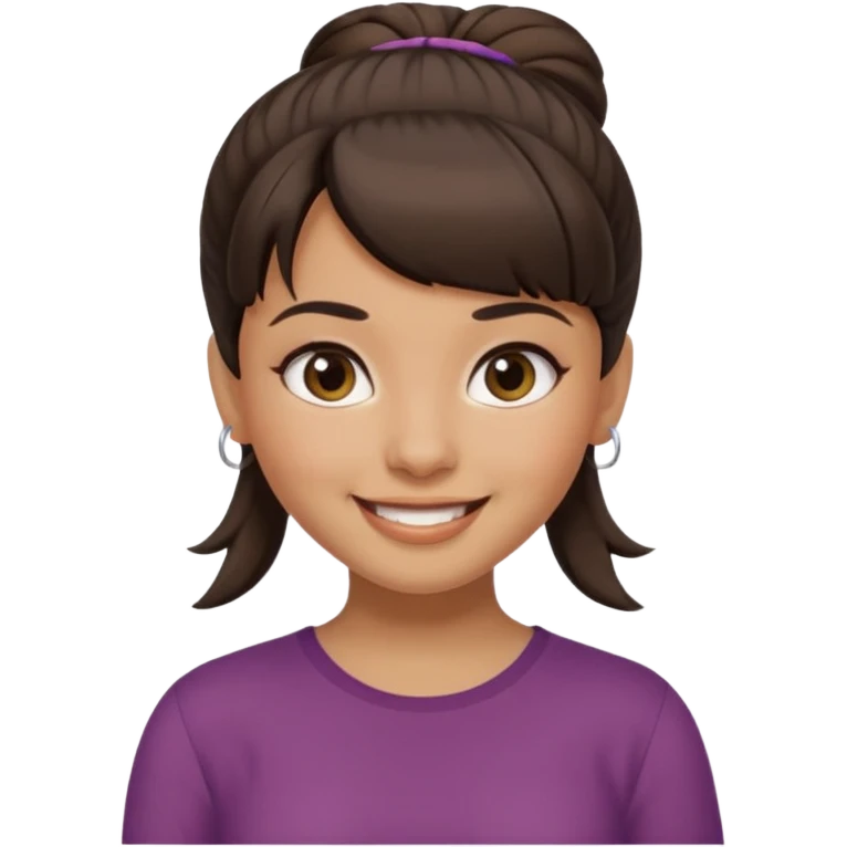In Apple Memoji format, a girl with dark brown hair. She has bangs and her hair is in a singular high bun. The girl is arab and has light brown skin. She is wearing a brown shirt. She is smiling but is not showing her teeth.  emoji