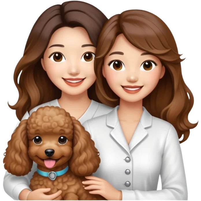 a asian lady with long balayage hair with highlights, long lashes, wearing white outfit, smiling happily, and holding a brown poodle emoji