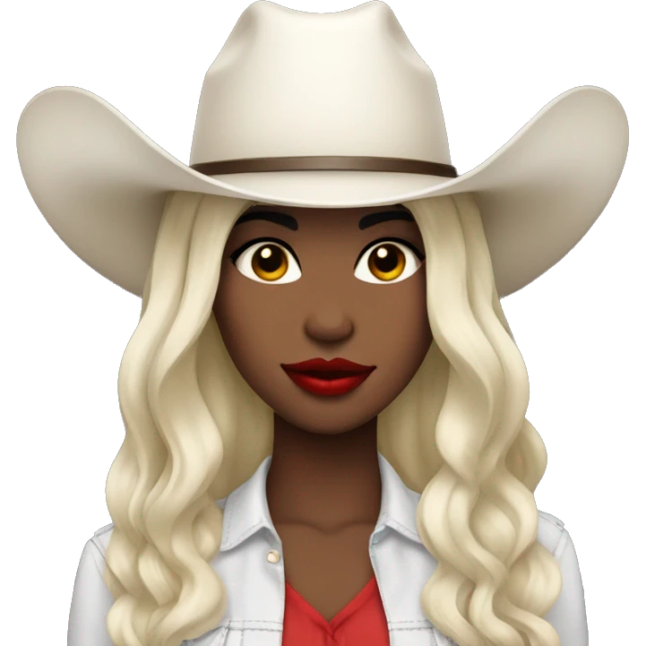 Women with big red lips, hazel eyes, white skin, black straight hair, cowboy hat  emoji