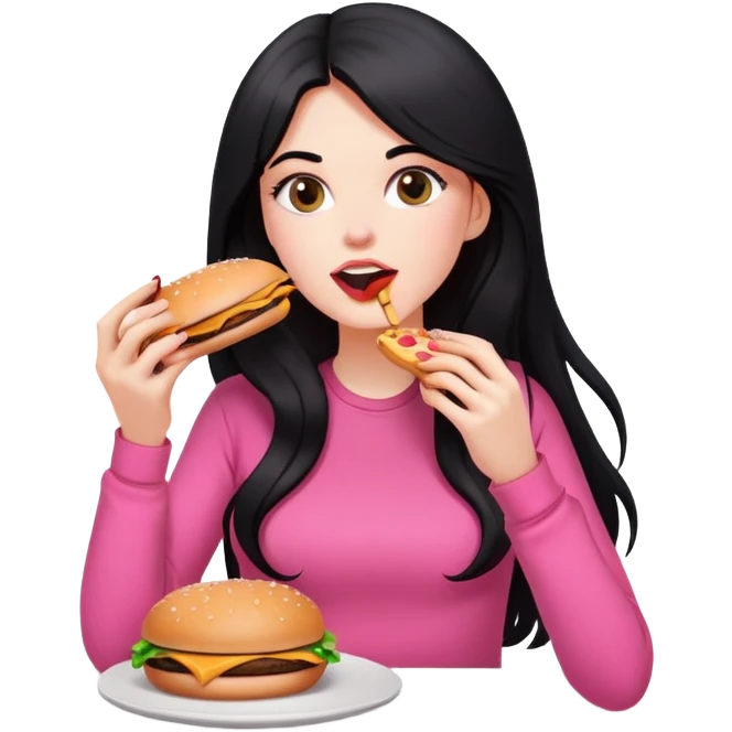 White girl in pink clothes and long black hair eating burger and pizza emoji