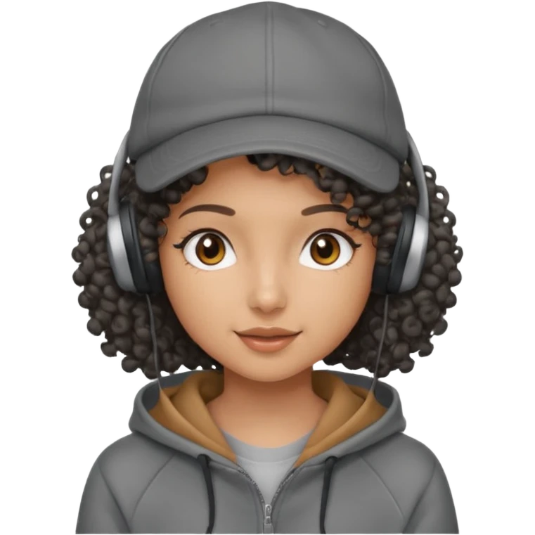 curly haired with headphones in and hoddie girls with cap emoji