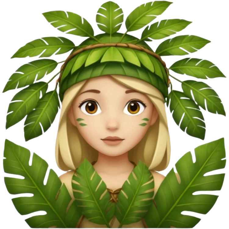 a girl with jungle wearing a large leaf headgear bye  emoji
