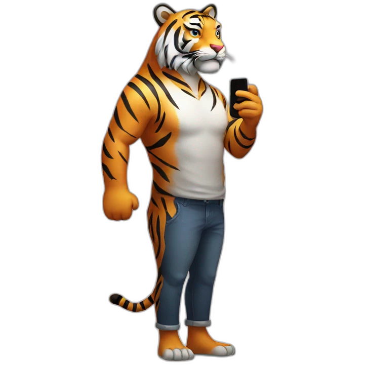 tiger standing on 2 feet having phone in hand  emoji