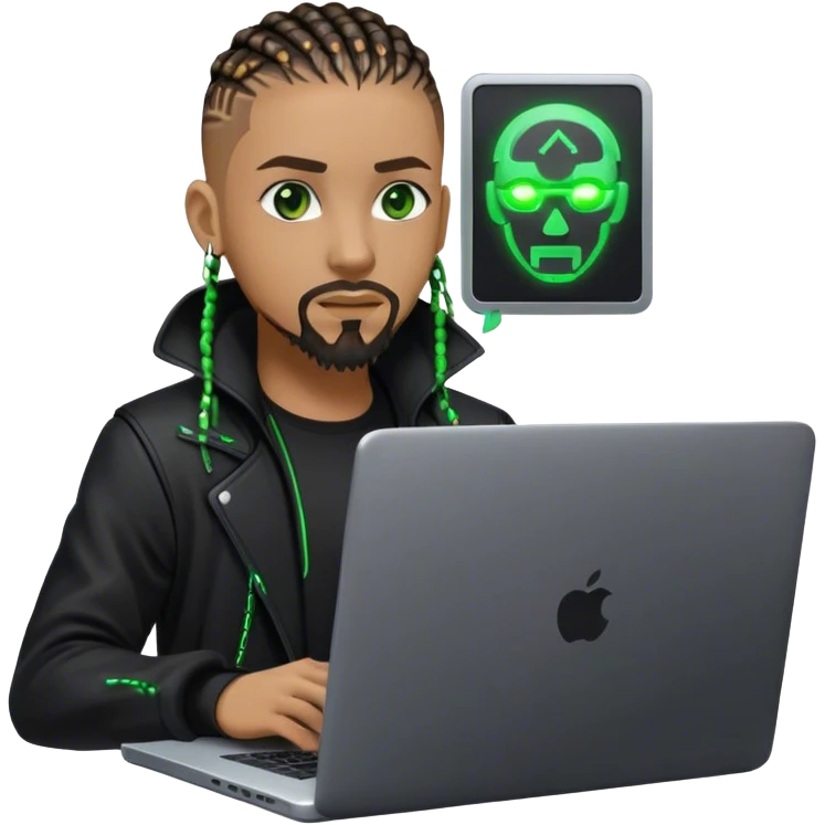 Light skinned African American male with green eyes as a cyberpunk hacker with cornrows hairstyle but short cornrows  with just goatee facial hair and no beard hacking/coding on laptop  emoji