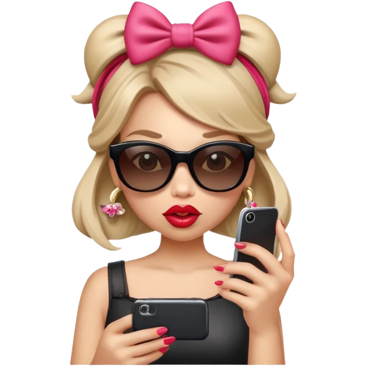 Girl with huge lips, sunglasses, bow on her hair, holding a phone with attitude emoji