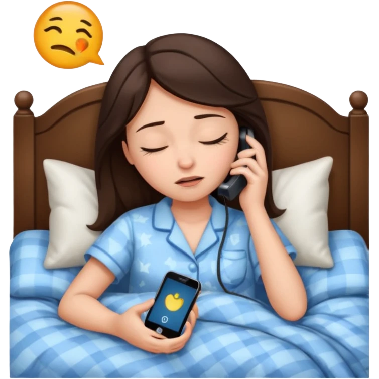 generate a girl brunette sleeping in bed.Her phone ringing. She looks mad emoji