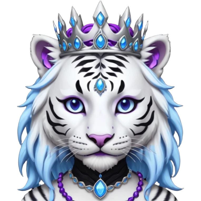 ESO Female white/black tiger khajiit leader of the umbral rose, glowing blue eyes, glowing blue 'third eye' gem, black dreadlocks; silver crown/tiara with purple gems emoji