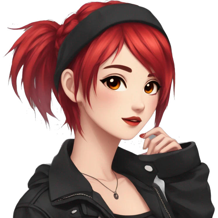 Gorgeous anime style lady with blushing face aesthetic and pretty edgy black red punk hair with hair garment trending style emoji