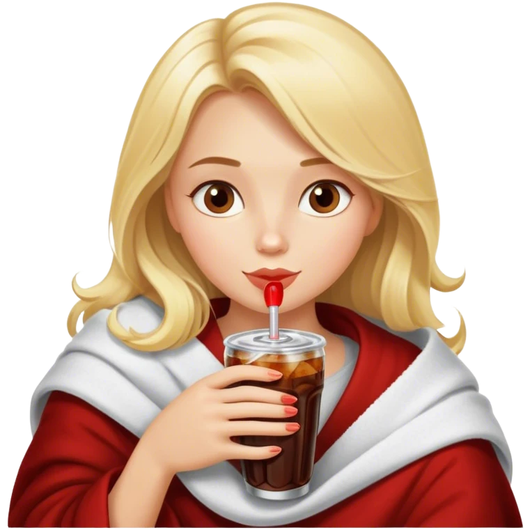 Blonde model cozy in blanket sipping diet cola emoji