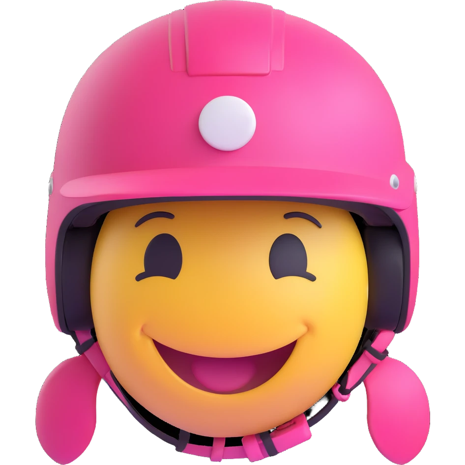 3D smiley emoji, round shape, female motorcyclist: pink helmet, ponytail, smiling face emoji