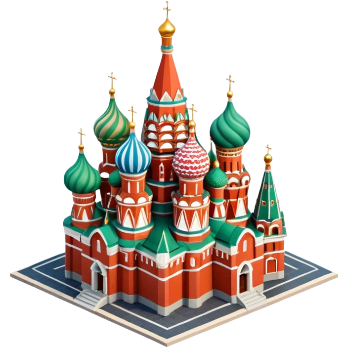 Isometric illustration of Moscow, featuring photorealistic Saint Basil's Cathedral with colorful onion domes, hand-drawn painterly details, subtle texture on bricks and roofs, realistic shadows and soft lighting, muted yet vivid color palette, diorama miniature effect. emoji