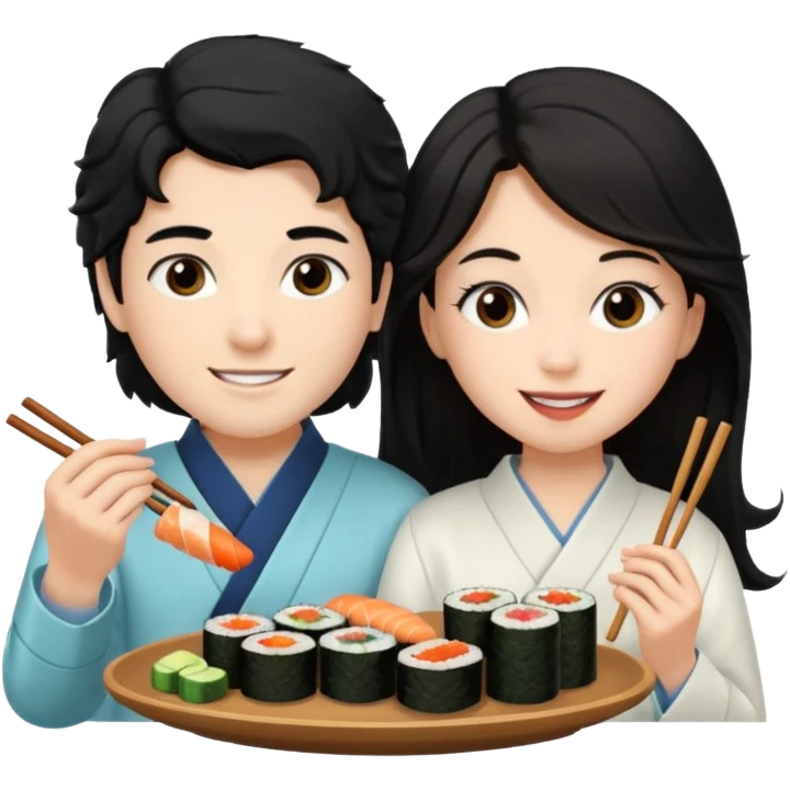 czarnowłosa ksieżniczka w dlugich wlosach je sushi z chłopakiem o czarno brązowych kręconych włosach i są zadowoleni i są nastolatkami i te włosy są lekko krecone i chłopak ma włosy do wysokosi nad brwiami emoji
