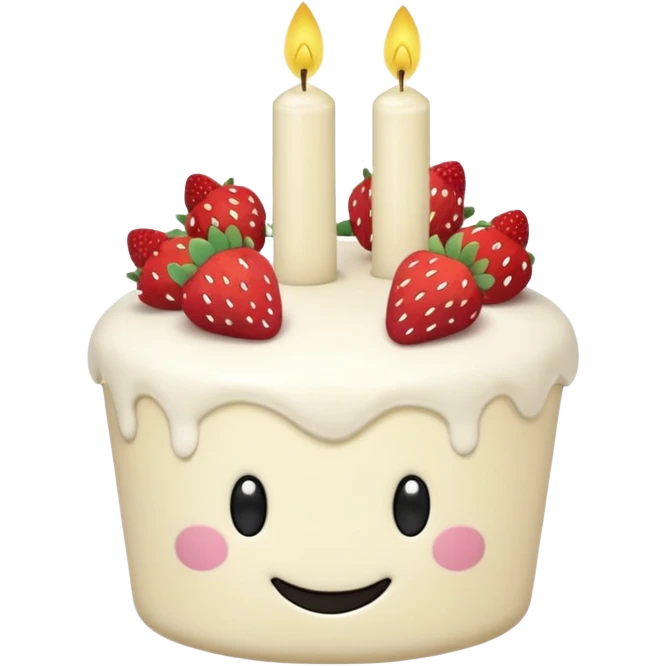 Jellycat vanilla cake with white frostting and strawberries on top with one candle with smiley face and legs emoji