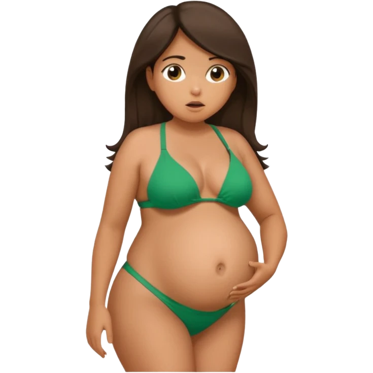 Latina girl, tan skin, pregnant, green bikini, shocked face, huge belly, side view emoji