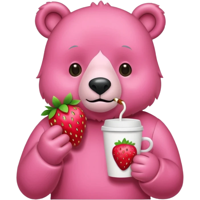 A pink bear is holding a strawberry and drinking coffee with a transparent background in a teenager hand-drawn style. emoji